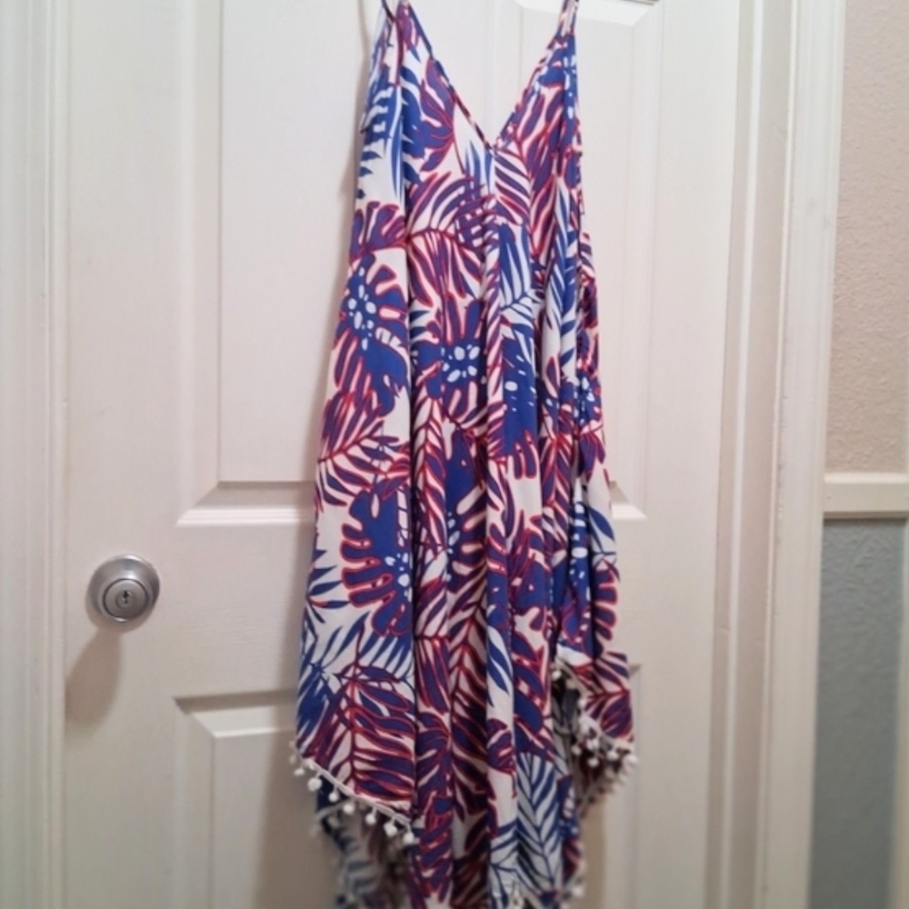 NWOT Goa Beachwear by Japra Women's Sz Small Cover-up Red White & Blue Pom Poms